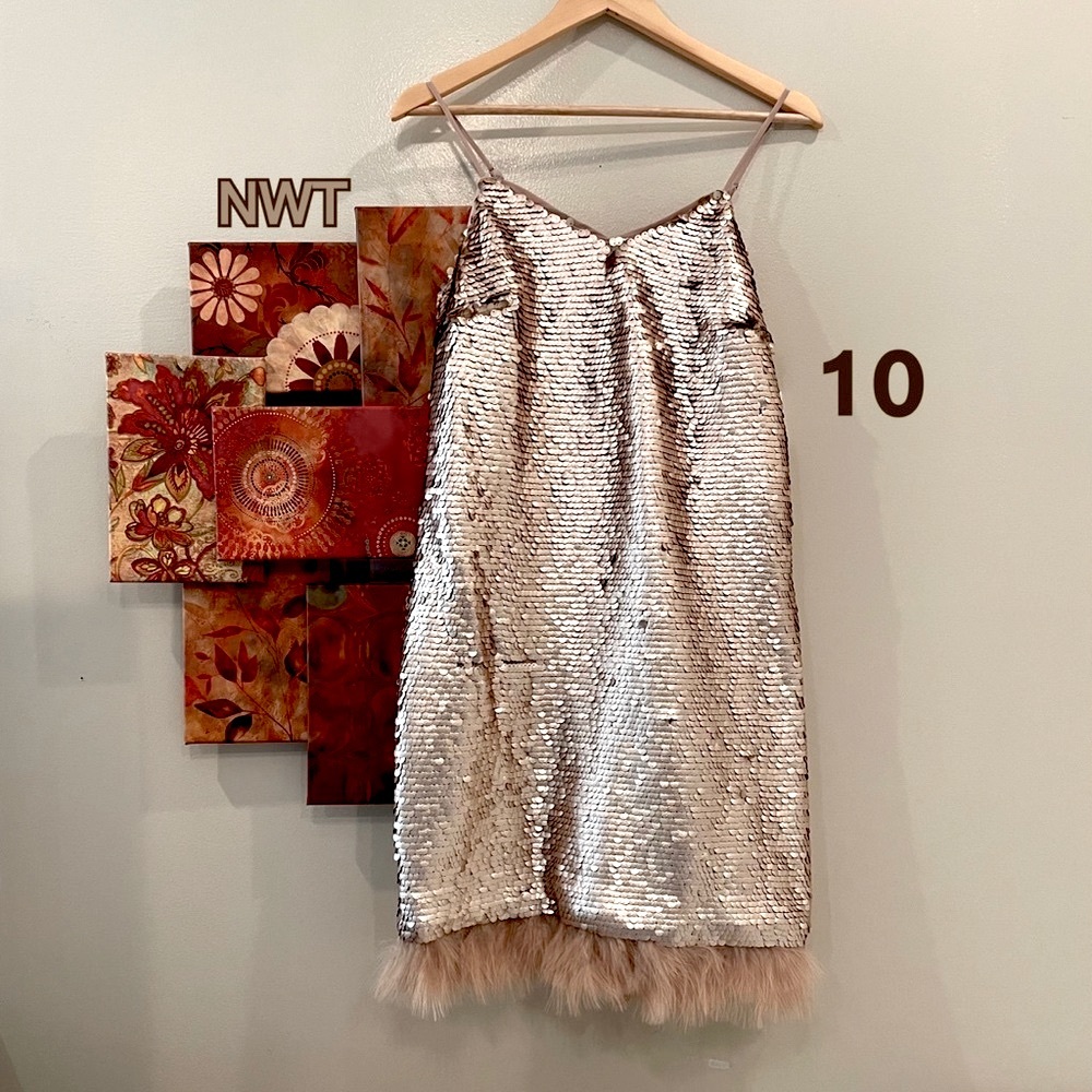 CECE Ostrich feather luxe gold sequin shift dress feather hem STUNNING NWT (10)